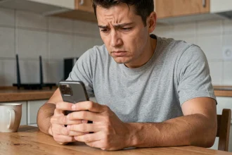 Homme frustré tenant un smartphone Android affichant une erreur de connexion Wi-Fi sans accès Internet dans une cuisine
