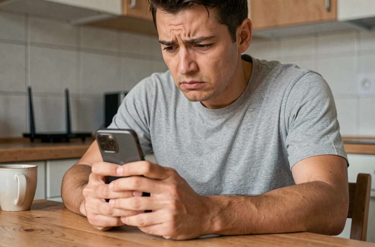 Homme frustré tenant un smartphone Android affichant une erreur de connexion Wi-Fi sans accès Internet dans une cuisine
