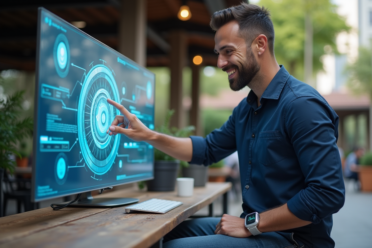 Homme interactant avec interface holographique en espace urbain