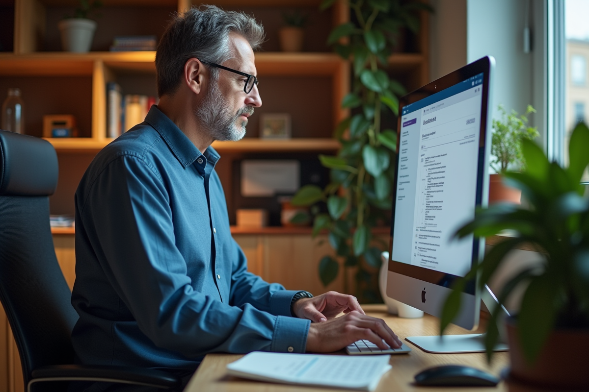 Homme examine notifications de securite dans son bureau