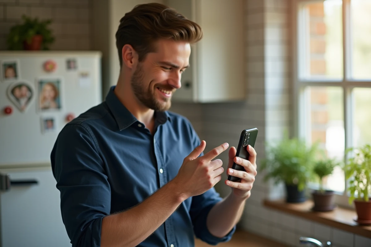 Homme souriant tenant son iPhone dans une cuisine ensoleillee