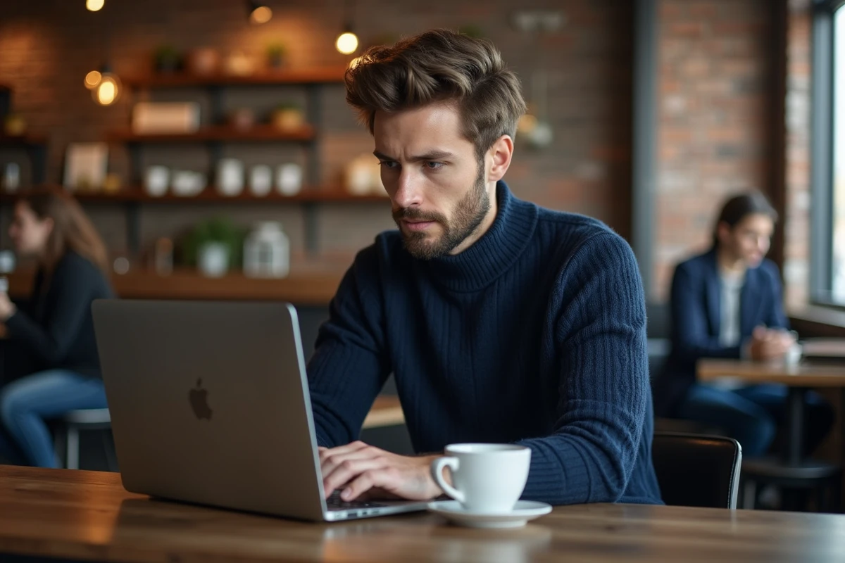 Jeune homme rédigeant une lettre de motivation sur ordinateur dans un café avec aide d'un outil en ligne