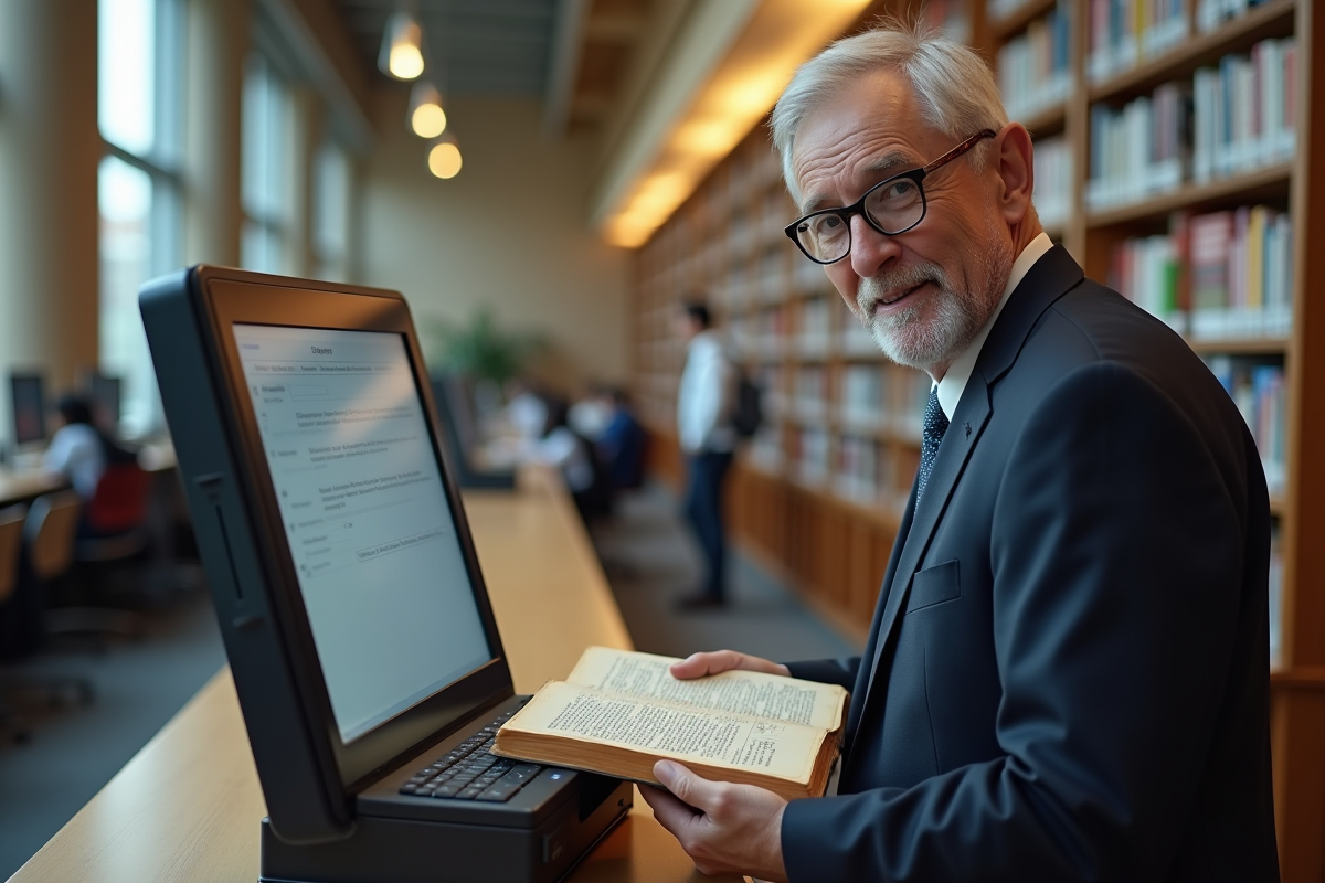 Homme âgé scannant un livre dans une bibliothèque publique