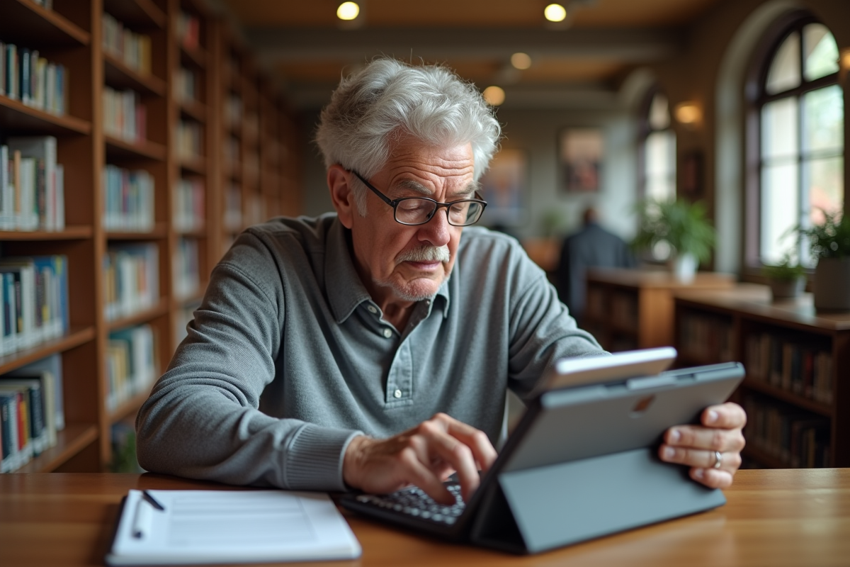 Homme âgé utilisant une tablette en bibliothèque