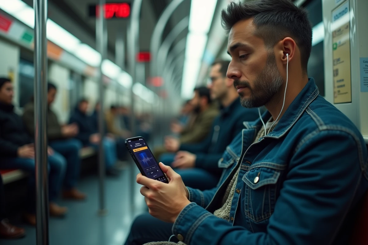 Homme dans le métro utilisant une application d'édition audio sur iPhone pour créer une sonnerie personnalisée