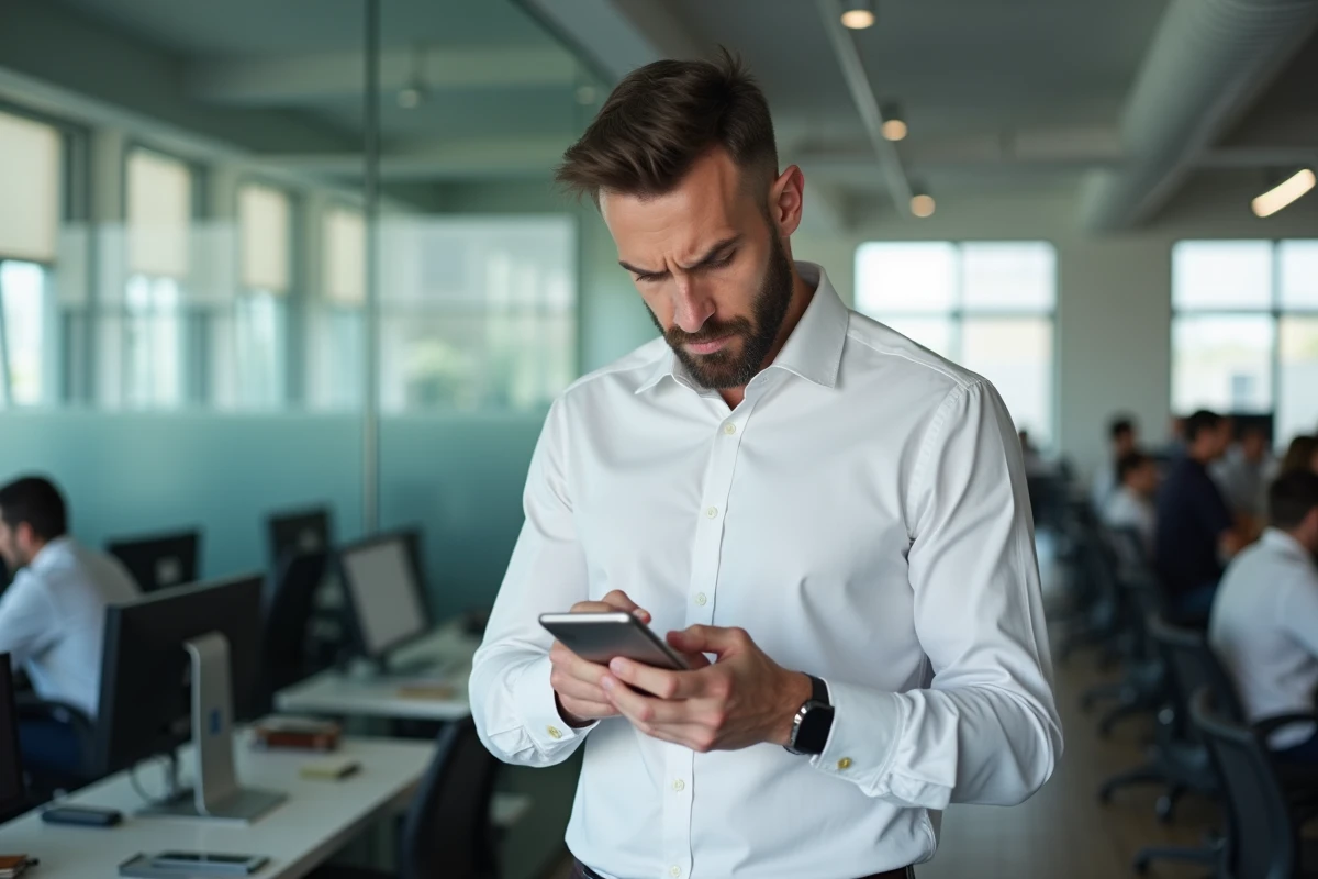 Homme d affaires regardant son smartphone dans un bureau