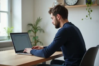 Homme concentré utilisant son ordinateur pour configurer internet