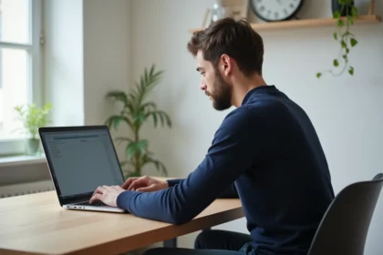 Homme concentré utilisant son ordinateur pour configurer internet