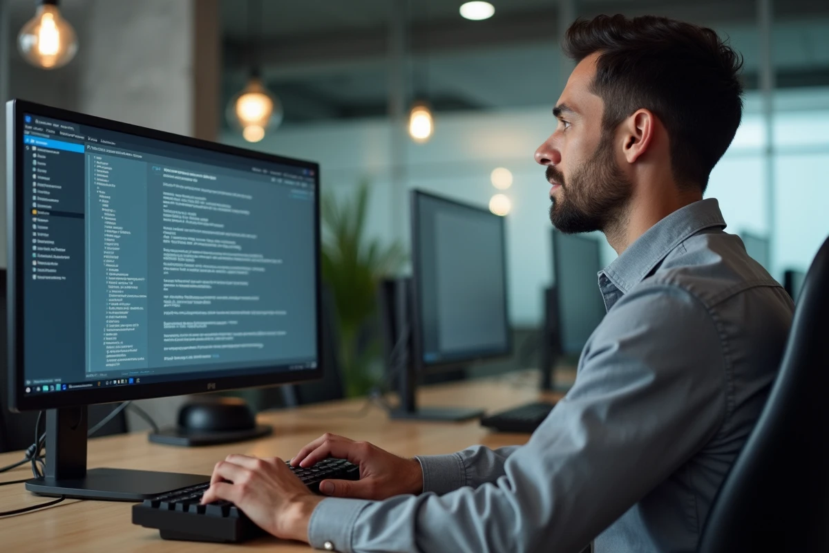 Homme professionnel analysant un texte confidentiel avec un outil de comptage de mots sécurisé dans un espace de coworking