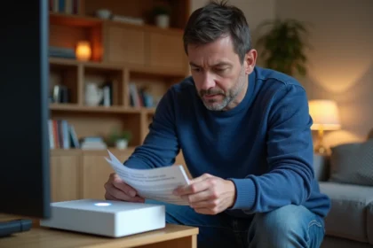 Homme d'âge moyen vérifiant une box internet dans son salon