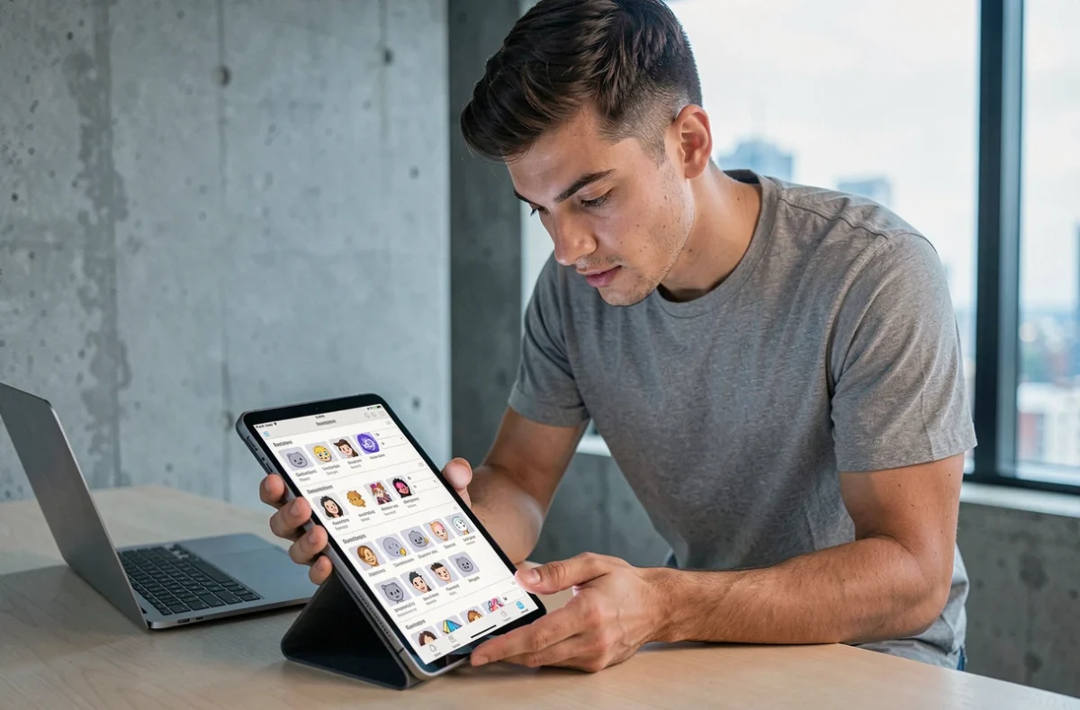 Jeune homme examinant des emotes Discord personnalisées sur tablette dans un appartement urbain minimaliste