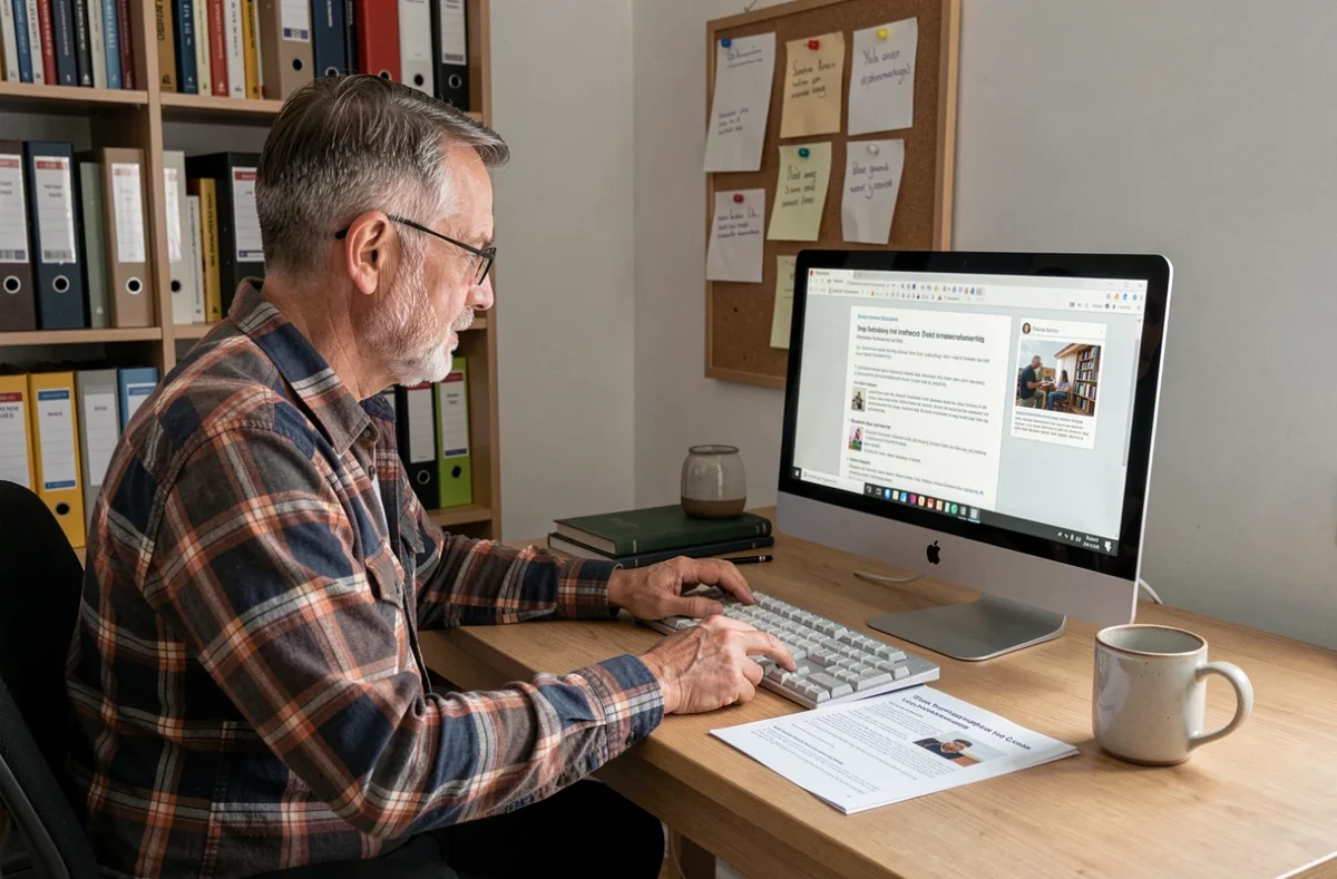Homme retraité suivant un cours d'informatique débutant sur ordinateur de bureau avec une fiche PDF imprimée