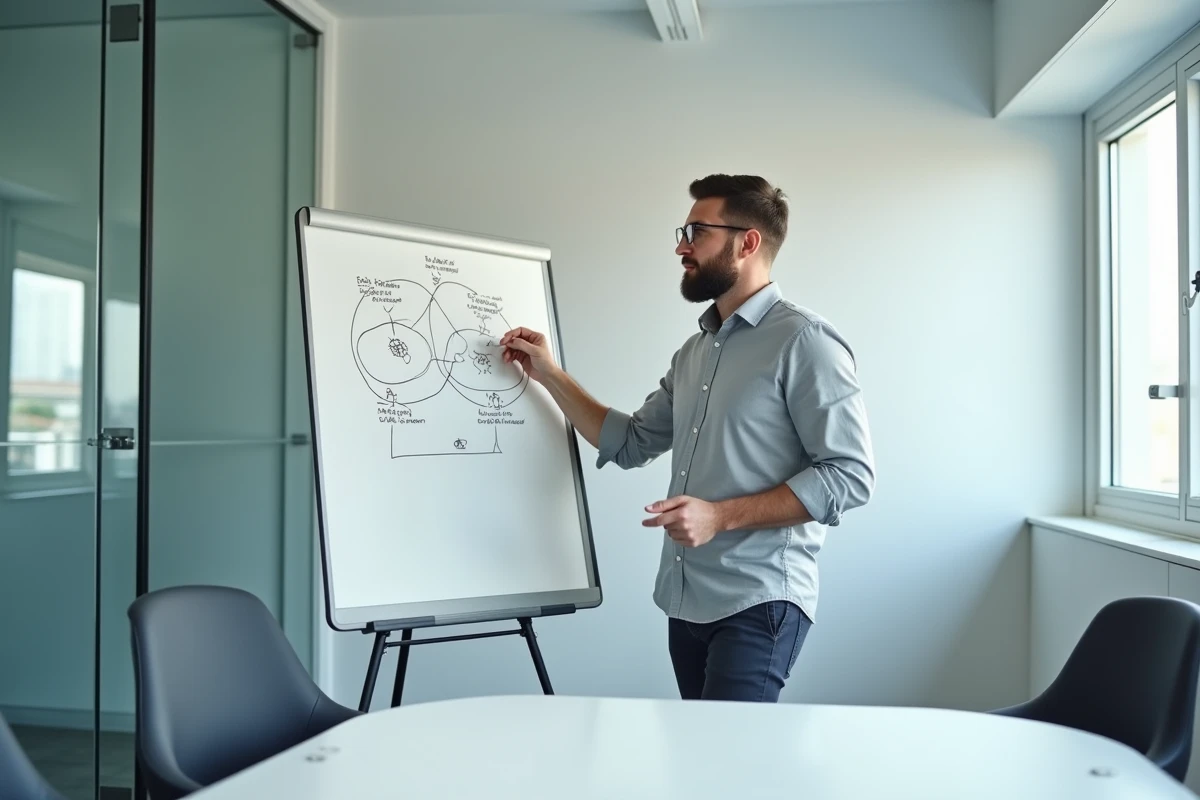 Homme dessinant un schéma au tableau blanc pour expliquer internet et le web en salle de réunion
