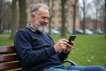 Homme d'environ cinquante ans utilisant un téléphone dans un parc