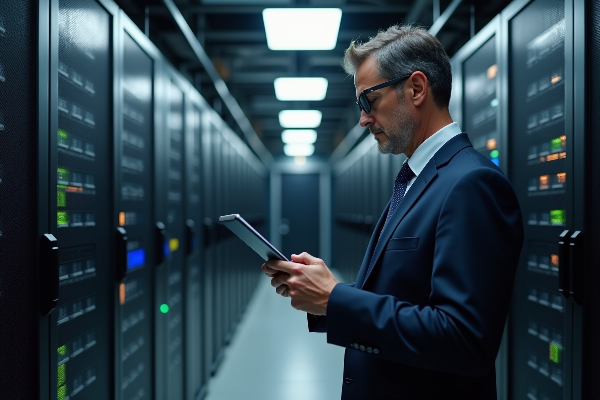 Homme d affaires examinant un centre de données hightech