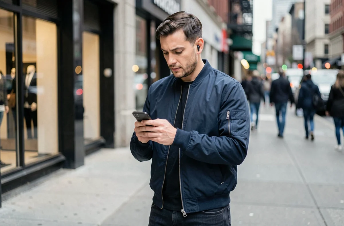 Homme utilisant son smartphone dans la rue pour télécharger de la musique en format MP3