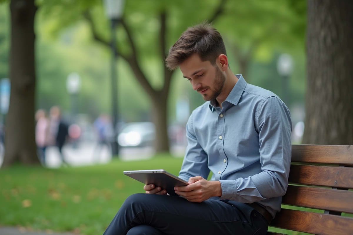 Homme avec tablette sur un banc de parc en ville