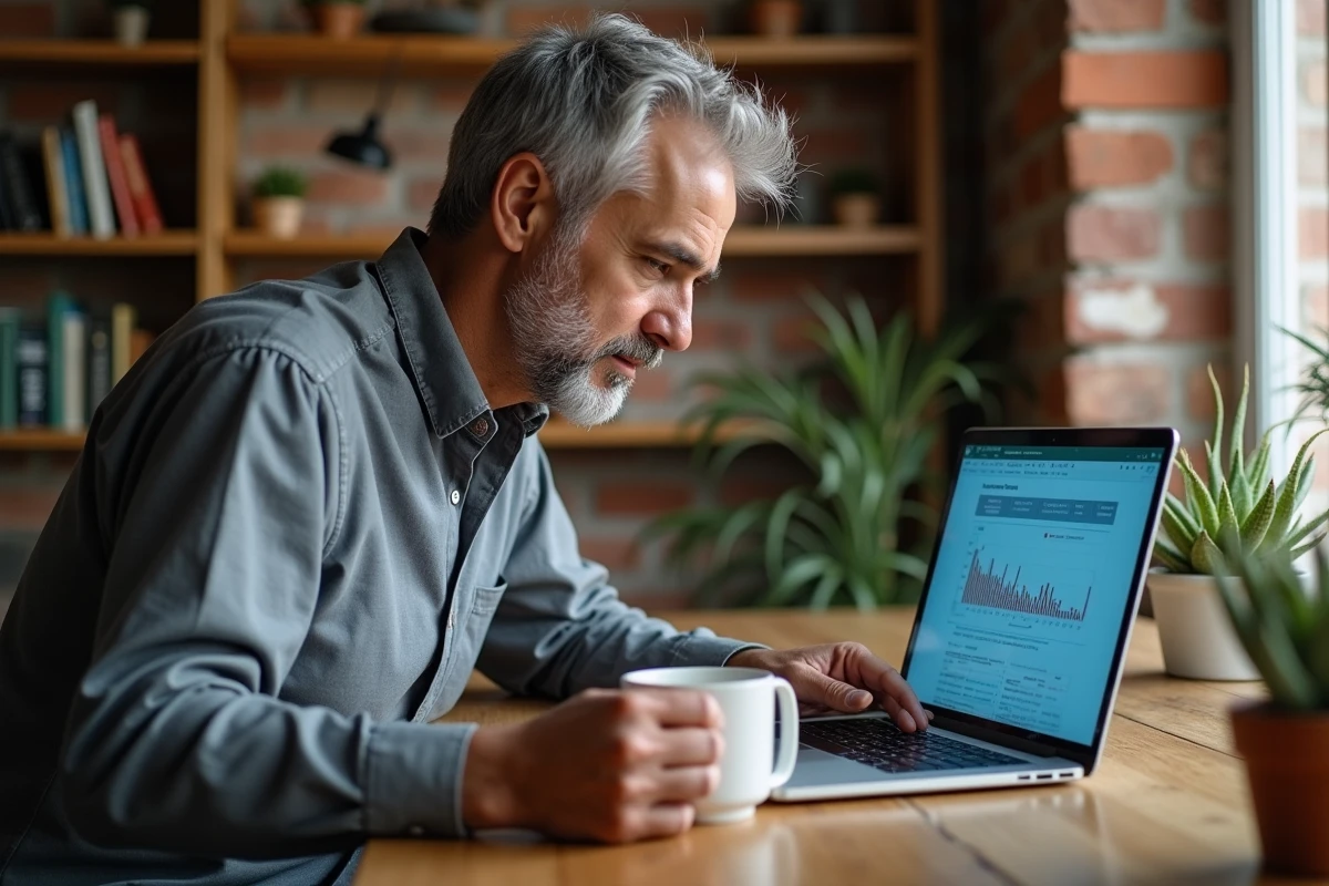 Homme en télétravail consultant un tableau de bord Excel avec des lignes figées sur un ordinateur portable dans un bureau à domicile