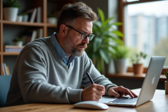 Homme d'âge moyen utilisant un routeur WiFi dans un bureau moderne