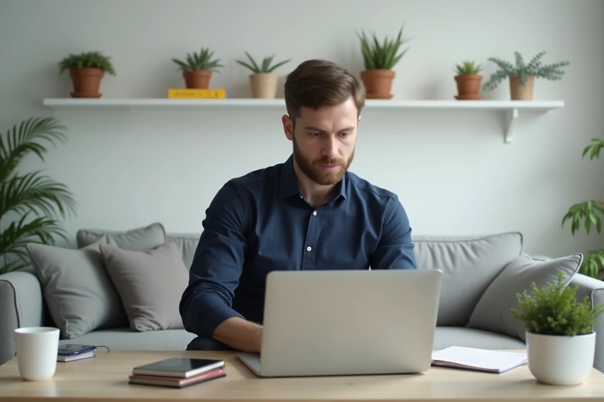 Homme en tenue casual travaillant sur son ordinateur à la maison