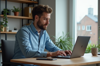 Homme concentré travaillant sur son ordinateur à domicile