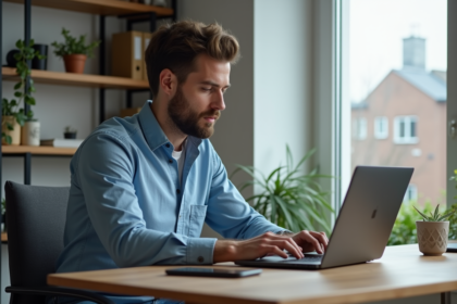 Homme concentré travaillant sur son ordinateur à domicile