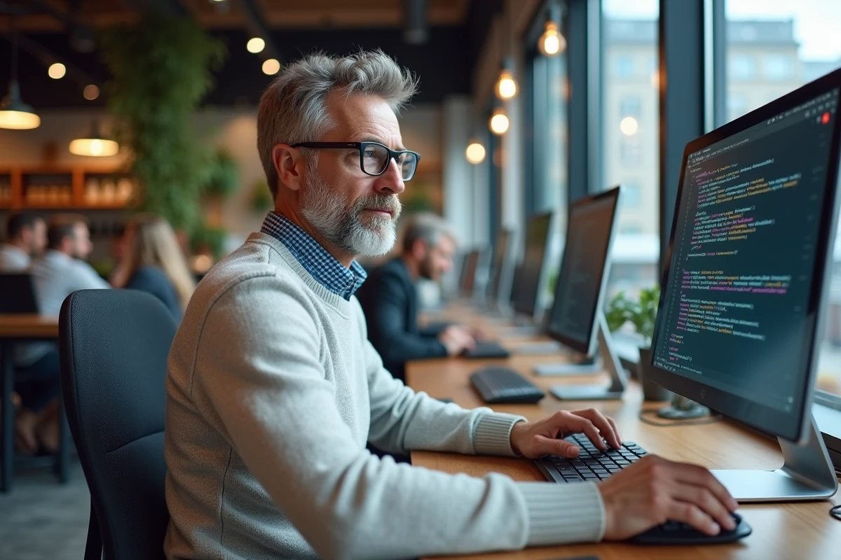 Homme d age moyen travaillant sur un ordinateur