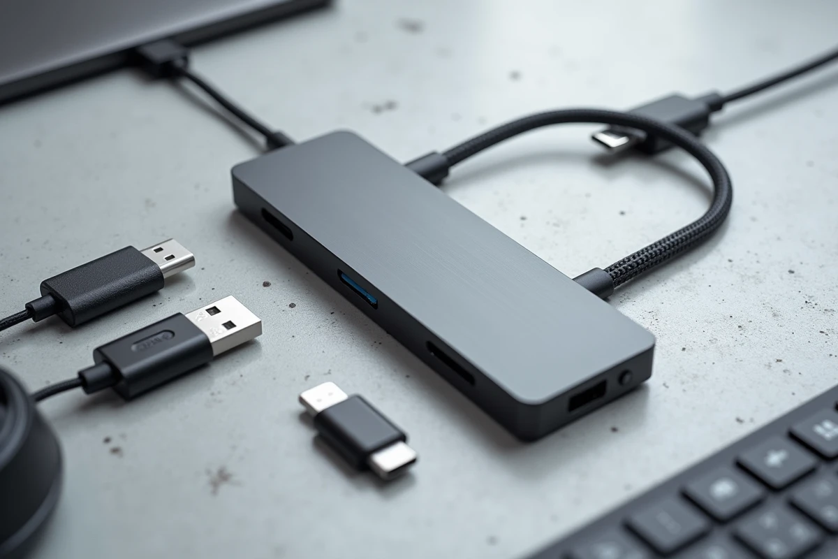 Vue de dessus d'un hub adaptateur USB-C entouré de périphériques USB-A sur un bureau minimaliste