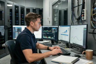 Ingénieur réseau surveillant des tableaux de bord anti-DDoS sur des écrans dans une salle d'opérations de centre de données