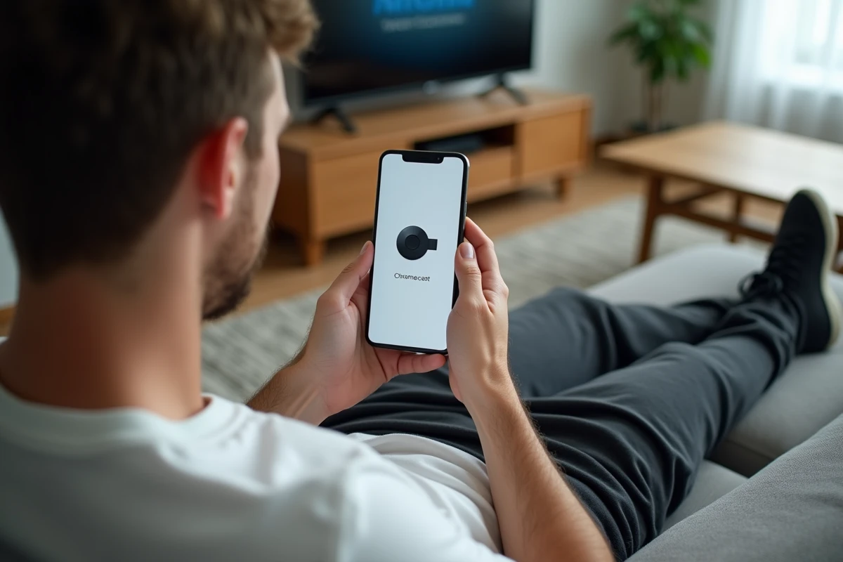 Jeune homme installant un Chromecast depuis un smartphone Android dans un salon décontracté