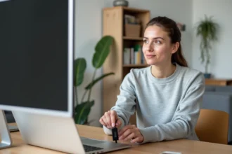 Femme connectant un Chromecast sur un téléviseur via un port HDMI dans un salon moderne
