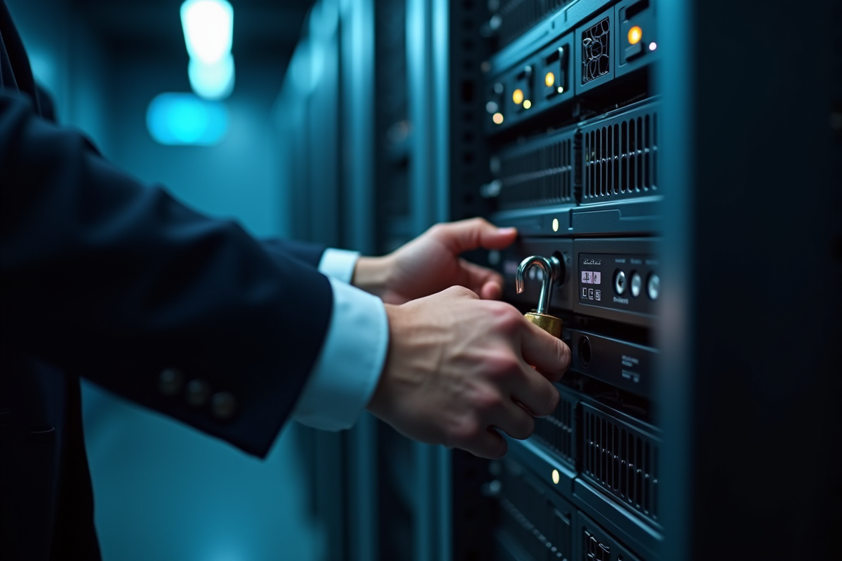 Mains en costume installant une serrure sur un serveur en salle hightech