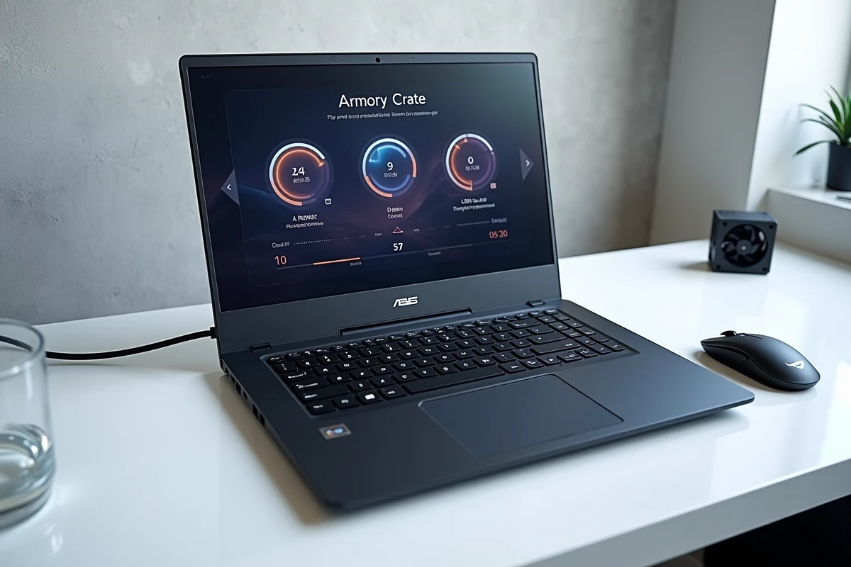 Ordinateur portable gaming ASUS TUF avec l'interface Armory Crate affichant les températures et modes de performance