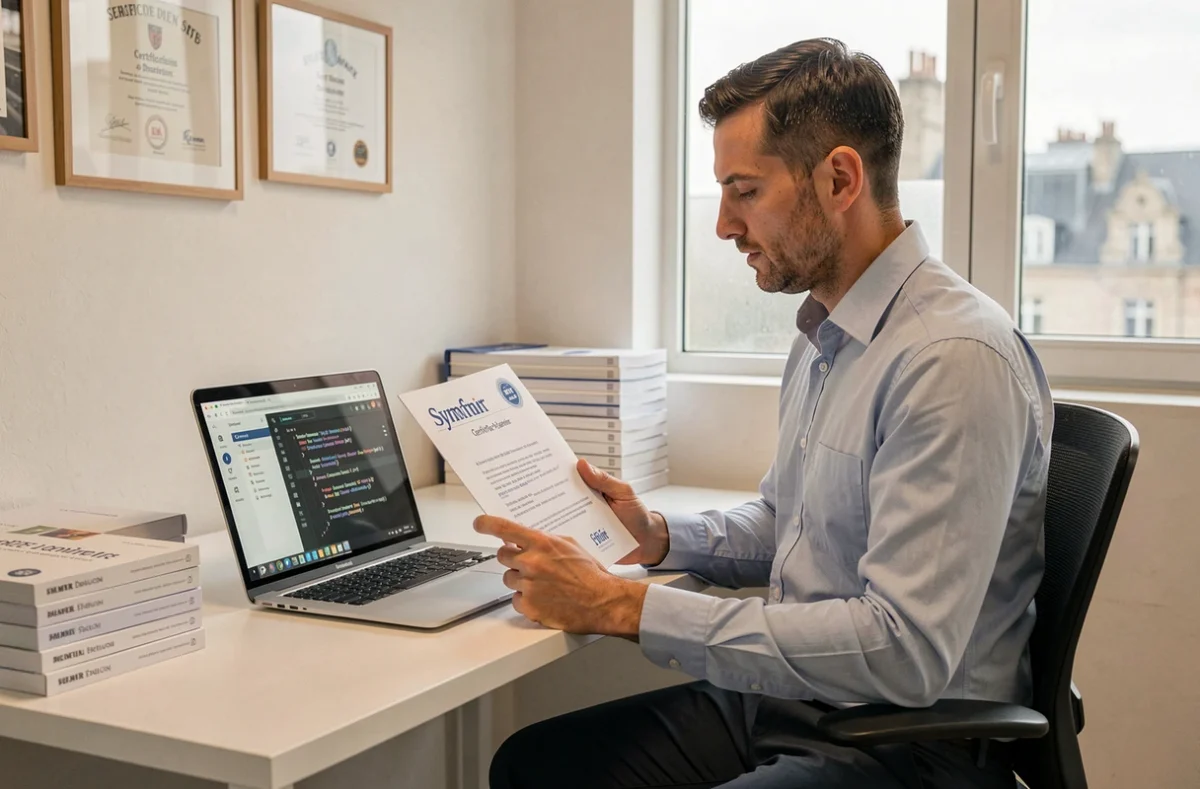 Développeur Symfony certifié assis à son bureau professionnel à Tours avec ses certifications en arrière-plan
