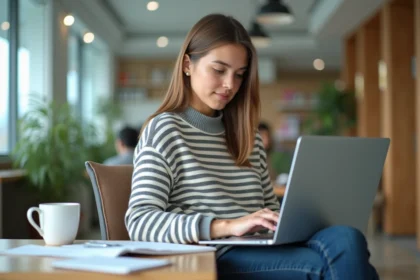 Jeune étudiante universitaire travaillant sur un ordinateur portable