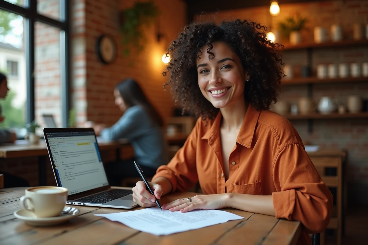 Jeune femme annotant un document PDF converti en Word dans un café cosy avec laptop et café
