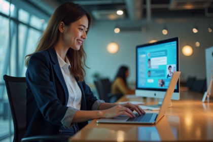 Jeune femme souriante utilisant un ordinateur dans un bureau moderne