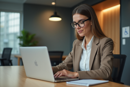 Jeune femme au bureau utilisant un ordinateur portable
