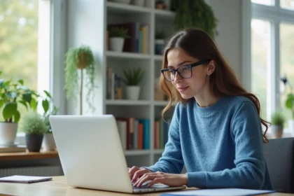 Jeune femme au bureau regardant son ordinateur portable