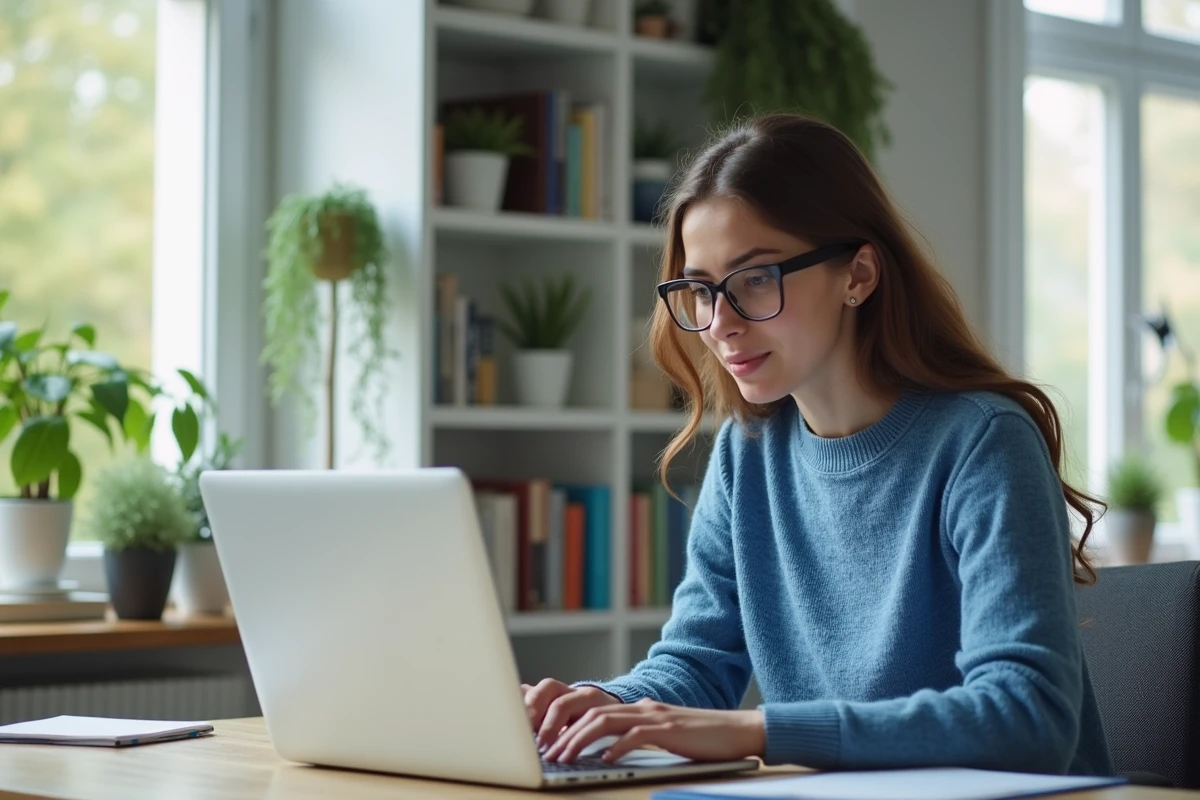 Jeune femme au bureau regardant son ordinateur portable