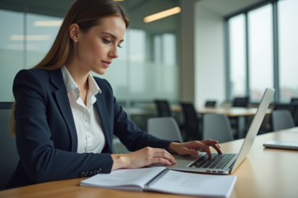 Jeune femme professionnelle travaillant sur son ordinateur dans un bureau moderne