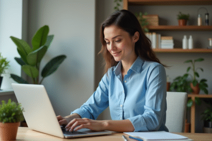 Jeune femme au bureau utilisant un ordinateur portable