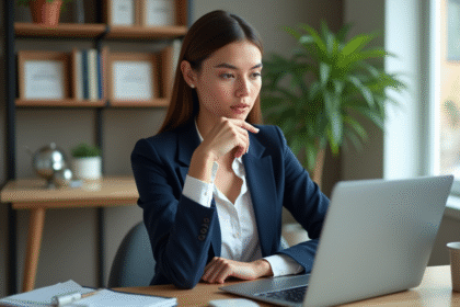 Jeune femme professionnelle au bureau consulte son profil
