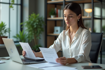 Jeune femme de bureau scannant un document dans un bureau moderne