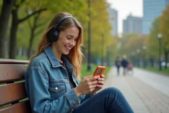 Jeune femme souriante avec téléphone Sony Ericsson Walkman dans un parc