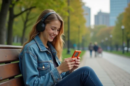 Jeune femme souriante avec téléphone Sony Ericsson Walkman dans un parc