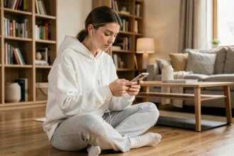 Jeune femme écoutant de la musique sur son smartphone avec des écouteurs dans un appartement moderne