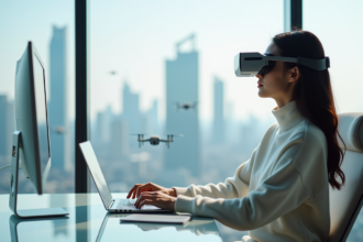 Jeune femme en réalité mixte dans un appartement futuriste