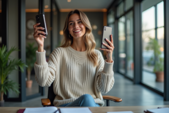 Jeune femme souriante utilisant son smartphone dans un bureau moderne