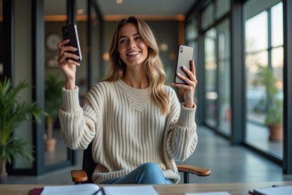 Jeune femme souriante utilisant son smartphone dans un bureau moderne